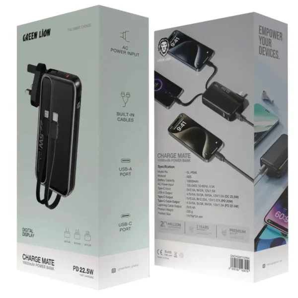 ⁦باور بانك مع شاحن جداري Green Lion Charge Mate Power Bank 10000 mAh PD 22.5W⁩ - الصورة ⁦2⁩