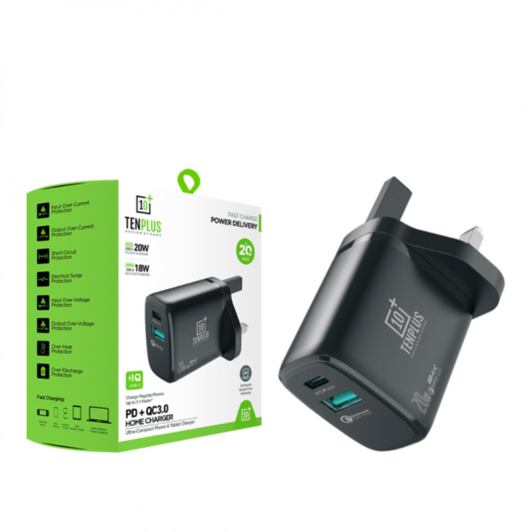 شاحن جداري بقوة 20W بمنفذين PD+QC3 للشحن من TENPLUS