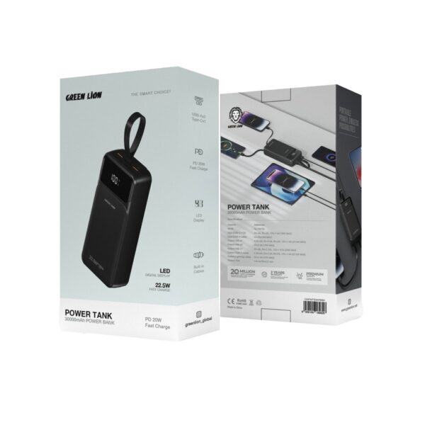 ⁦باور بانك Green Lion Power Tank Power Bank 30000mAh PD 22.5W with Fast Charging Cable⁩ - الصورة ⁦2⁩