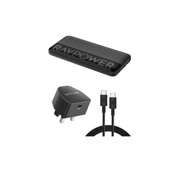 باكج RAVPOWER 3-in-1 Travel Charging Combo(Power Bank 10000mAh, Wall Charger & Charging Cable)