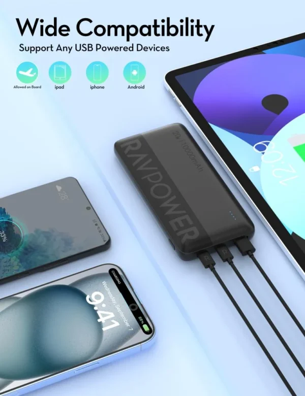 ⁦باكج RAVPOWER 3-in-1 Travel Charging Combo(Power Bank 10000mAh, Wall Charger & Charging Cable)⁩ - الصورة ⁦2⁩
