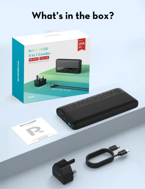 ⁦باكج RAVPOWER 3-in-1 Travel Charging Combo(Power Bank 10000mAh, Wall Charger & Charging Cable)⁩ - الصورة ⁦5⁩