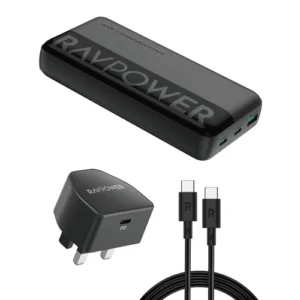 باكج RAVPOWER 3-in-1 Travel Charging Combo(Power Bank 20000mAh, Wall Charger & Charging Cable)